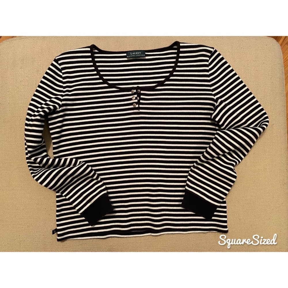 Lauren black & white striped buttoned shirt ~ med
